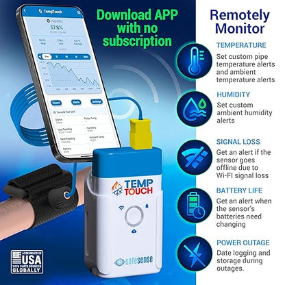 SafeSense TempTouch WiFi Pipe Clamp Temperature & Humidity Sensor – Smart Thermometer for Plumbing, HVAC, Ambient Monitoring – App-Controlled Wireless Temp Sensor with Velcro Pipe Strap