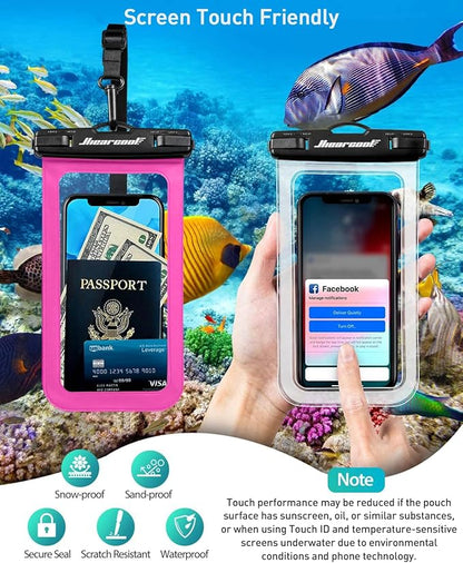 Hiearcool Universal Waterproof Phone Pouch,IPX8 Cell Phone Waterproof Case Up to 8.3" for iPhone 16 15 14 13 Pro Max,Beach Essentials Vacation Must Haves-Clear&Bright Red-2Pack
