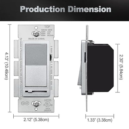BESTTEN 5 Pack Matte Silver Dimmer Light Switch, Single Pole or 3-Way, Compatible with Dimmable LED, CFL, Incandescent and Halogen Bulb, LED Slide Dimmer Wall Switch, 120VAC, UL/cUL Listed