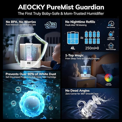 Geek-Level Aeocky Humidifier for Baby, Quiet Ultrasonic Humidifiers for Bedroom, Nursery with Ambient Light, 4L Top-Fill Cool Mist Diffuser with Timer, Sleep, Auto, Constant Humidity Mode