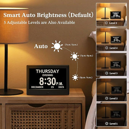 7'' Dementia Clock For Seniors, Large Display Digital Clock With Date, Time, Day Of Week for Elderly, Memory Loss, Alzheimer, 1024*600P HD, 10 Reminders & 6 Alarms, Auto Dimming & DST, Remote Control