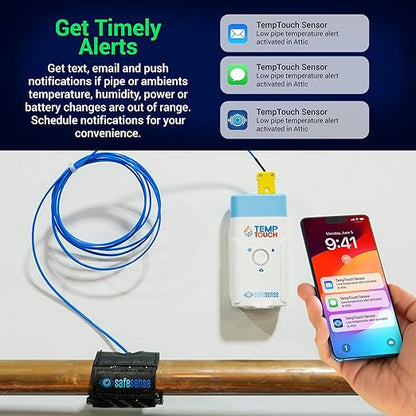SafeSense TempTouch WiFi Pipe Clamp Temperature & Humidity Sensor – Smart Thermometer for Plumbing, HVAC, Ambient Monitoring – App-Controlled Wireless Temp Sensor with Velcro Pipe Strap