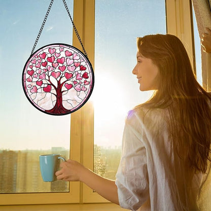 DASTOLL Stained Glass Window Hanging, Pink Love Heart Tree Suncatcher Hangings Beige Sun Catchers Decor for Birthday Holiday for Women, Men, Wife, Aunt, Mom 7.8 in