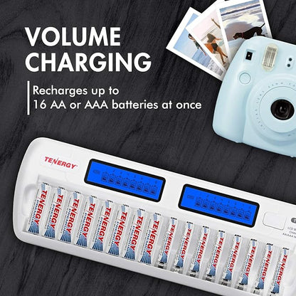Tenergy TN438 16-Slot Smart Battery Charger for AA AAA NiMH NiCd Batteries with LCD Display + 8 AA and 8 AAA Premium Rechargeable Batteries