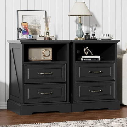 Nightstand with Charging Station Set of 2,18" Wide End Table with 2 Large Drawers & Metal Handles,Farmhouse Wood Small Dresser,Bedside Table,Modern Chest of Drawers for Bedroom,Living Room,Black