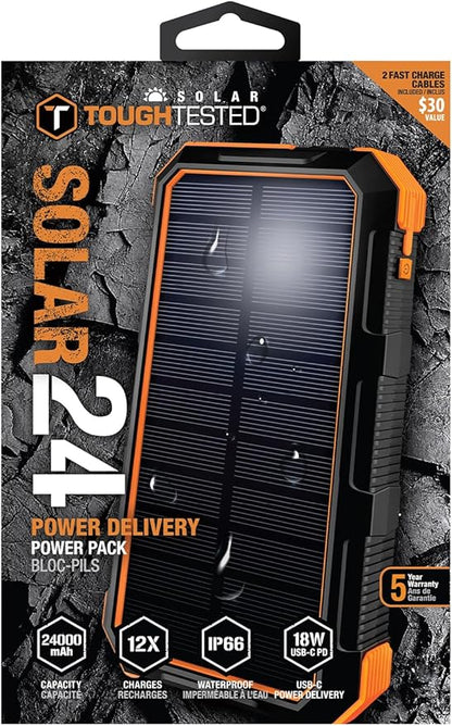 ToughTested Solar Power Bank 24000mAh, Fast Charging Portable Charger External Battery Pack with LED Flashlight, IP67 Waterproof Dustproof Shockproof for Camping, Travel & Emergency Use
