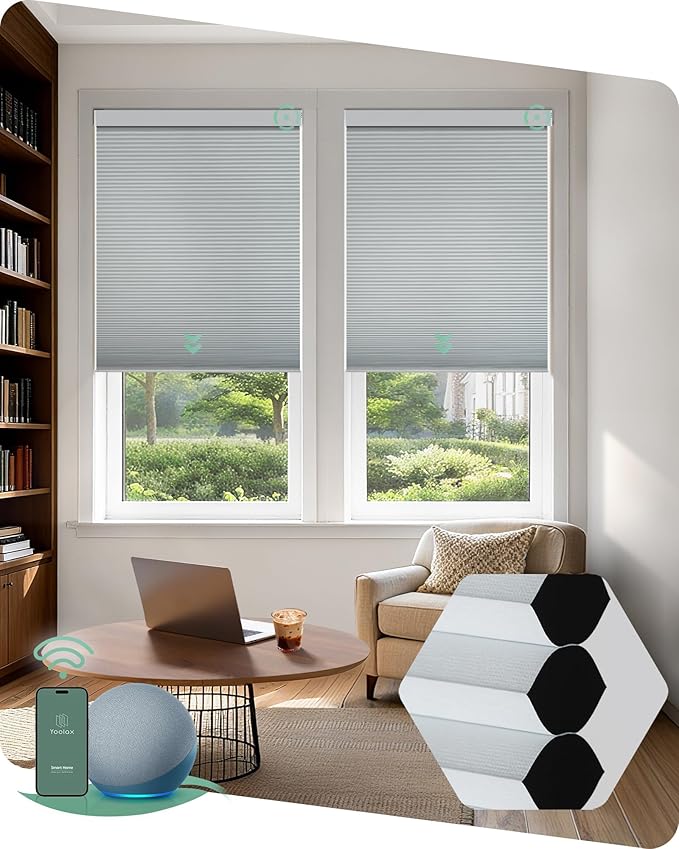 Yoolax Smart Blinds, Motorized Cellular Shades Compatible with Alexa, Blackout Electric Blinds with Remote for Indoor Windows, Automatic Energy Saving Honeycomb Shades, White, 35" W x 72" H