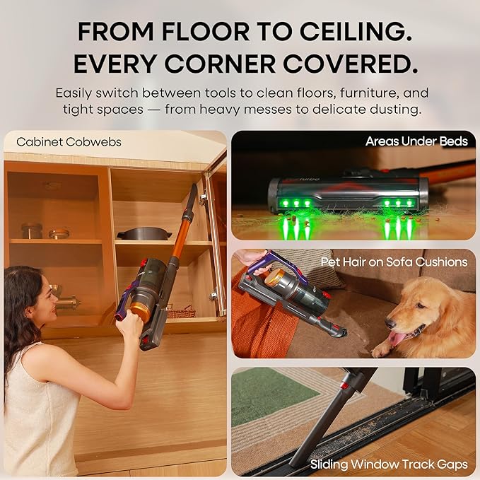 KIPMAX Cordless Vacuum Cleaner, 50KPa 550W Stick Vacuum for Home, 70Mins Anti-Tangled Vacuum Cleaner for Pet Hair/Carpet/Floor, Self-Standing Vacuum with Rechargeable Battery, LED Display&Aromatherapy