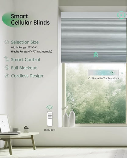 Yoolax Smart Blinds, Motorized Cellular Shades Compatible with Alexa, Blackout Electric Blinds with Remote for Indoor Windows, Automatic Energy Saving Honeycomb Shades, White, 27" W x 72" H
