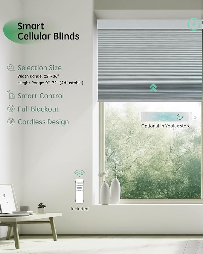 Yoolax Smart Blinds, Motorized Cellular Shades Compatible with Alexa, Blackout Electric Blinds with Remote for Indoor Windows, Automatic Energy Saving Honeycomb Shades, White, 22" W x 72" H