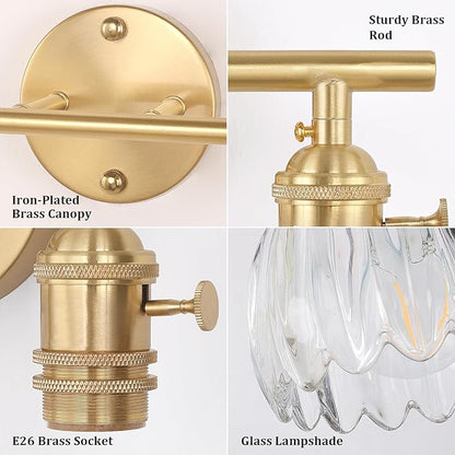 Shenmoyl Battery Operated Bathroom Light Fixtures, 2-Light Brass Vanity Wall Light with 5000mAh Rechargeable Bulb Over Mirror with Clear Tulip Glass Shade for Bedroom Living Room
