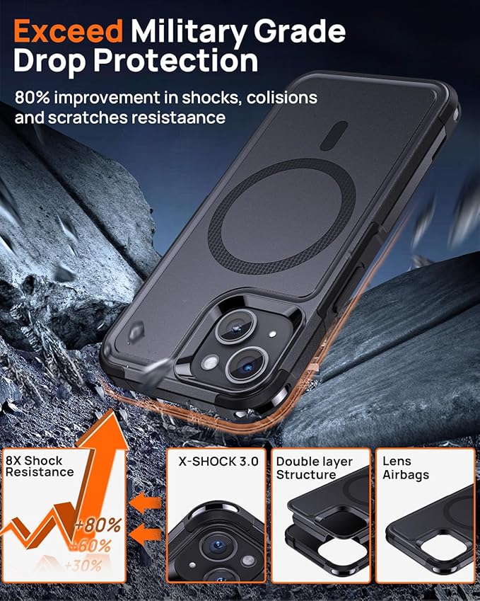 Lanhiem for iPhone 15 Case Magnetic, [2 Pack Tempered Glass Screen Protector][Compatible with MagSafe][10 FT Military Grade Shockproof] Heavy Duty Tough Rugged Phone Cover for iPhone 15 - Black