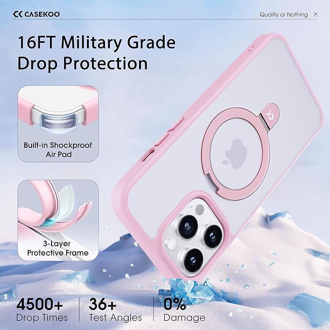 CASEKOO Designed for iPhone 15 Pro Case with Magnetic Invisible Stand [Military Drop Protection] [Compatible with MagSafe] Shockproof Slim Translucent Matte Pro Case 6.1 Inch, Pink