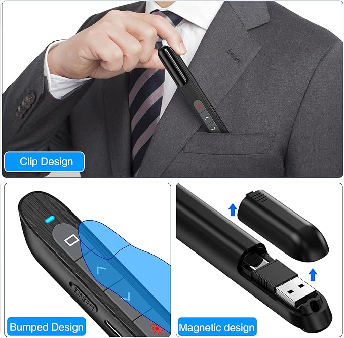 DinoFire USB C Rechargeable Presentation Remote with Red Light,Wireless Preseter PPT Slide Clicker Advancer for MacBook Laptop Computer