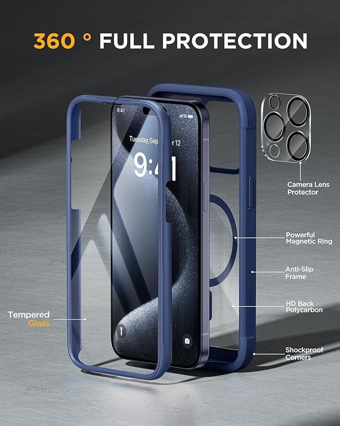 Miracase Magnetic for iPhone 12 Pro Max Case [Compatible with MagSafe] Full-Body Phone case with Built-in Glass Screen Protector& Camera Protector, Military Drop Proof 12 Pro Max Cover, Blue
