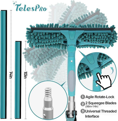 TelesPro 36 Feet High Reach Window Squeegee with 7-30 Ft Extension Pole, Window Cleaner Tool with 5-Stage Telescoping Pole, Window Cleaning Kit with Rotatable Head (2 Squeegee & 2 Microfibre Cloths)