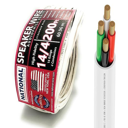National Wire&Cables - 14/4 Audiophile Speaker Wire (200 Feet) 14AWG Gauge - Made in USA - in Wall Audio Speaker Wire Cable/CL Rated/ETL Listed / 2 Conductors - OFC Oxygen-Free Copper, White 200ft