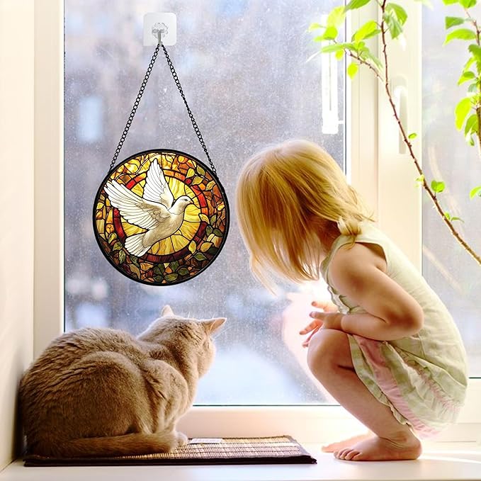 DASTOLL Stained Glass Window Hanging, Flying White Dove Sun Catchers Diamond Glass Panel Hangings Cute Birds Suncatcher Decor for Birthday for Women, Men, Wife, Aunt, and Mom 6.3 in