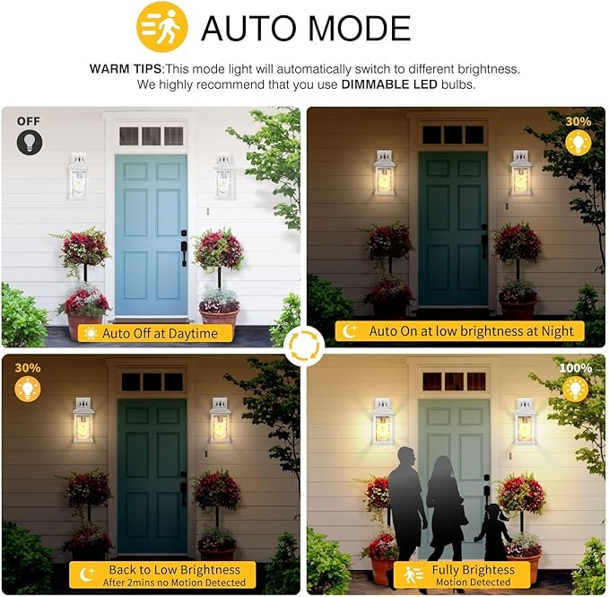 VIANIS 2 Pack Motion Sensor Outdoor Wall Lantern, White Dusk to Dawn Outdoor Lighting Wall Mount, Anti-Rust Waterproof Exterior Light Fixture with Tempered Glass for House Front Porch Garage Entryway