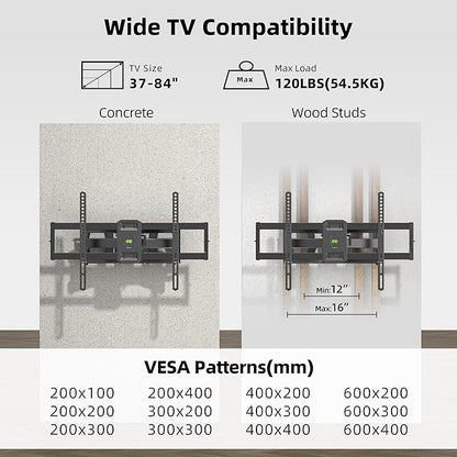 Full Motion TV Wall Mount for Most 37"-84" Flat Screen TV, Swivel or Tilt TV Wall Bracket with Dual Articulating Arms, for 12"-16" Wood Studs, Max VESA 600x400mm, Load 120 lbs by USX MOUNT