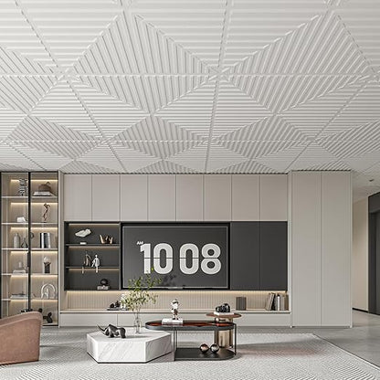 Art3d 12-Pack Drop Ceiling Tiles 2x2 FT, PVC 3D Textured Panels for Interior Wall Decor Living Room Bedroom Office, 24x24 Inch, White