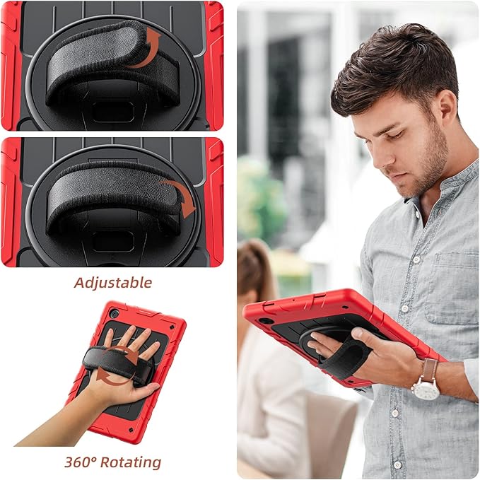 for Samsung Galaxy Tablet A8 Case 10.5 inch 2022 SM-X200/X205/X207 with Screen Protector [360 Rotating Stand] &Hand Shoulder Strap Shockproof Rugged Protective Cover|Red&Black