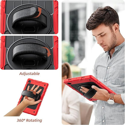 for Samsung Galaxy Tablet A8 Case 10.5 inch 2022 SM-X200/X205/X207 with Screen Protector [360 Rotating Stand] &Hand Shoulder Strap Shockproof Rugged Protective Cover|Red&Black