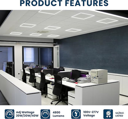 Nothing BUT LEDs 2x2 FT Edge-Lit Frame LED Flat Panel Lights, 5CCT Selectable 3000K‑6500K & 20W/30W/40W, 5000LM, 0‑10V Dimmable, Drop Ceiling Grid Light Fixture, ETL & DLC Listed, 100‑277V – 4 Pack