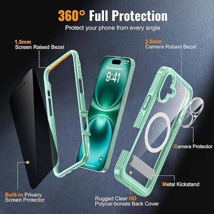 Magnetic & Stand for iPhone 16 Plus Case Built-in Privacy Screen Protector[360° Full Body Protection][Fit for Magsafe][Lens Protector] Heavy Duty Shockproof Phone Case for iPhone 16 Plus Green