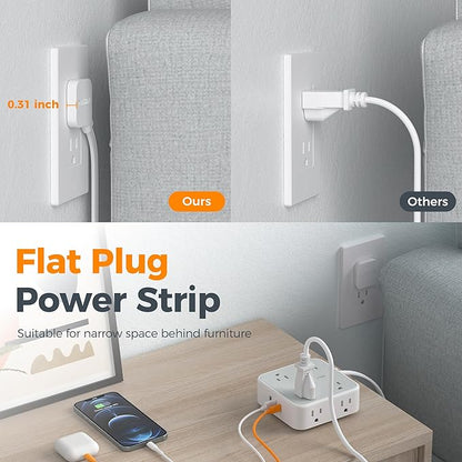 Surge Protector Power Strip, TESSAN 5 Ft Flat Plug Extension Cord with Multiple Outlets, 3 USB (1 USB C PD 20W), 8 Outlets, 900J Surge Protection, for Home, Office, Dorm Room Essentials, 1250W