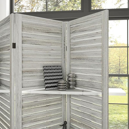 HOMCOM Room Divider, 4 Panel 67" Tall Wood Privacy Screen with 3 Display Shelves, and Folding Storage for Bedroom or Home Office, Distressed White