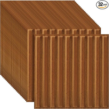 Nuanchu 32 Pcs 3D Slat Wall Panels 12 x 12 Inch PVC Fluted Textured Panel Cuttable Paintable DIY Wall Art Decorative Tiles for Ceiling Studio Bathroom Interior TV Background (Teak Grain)
