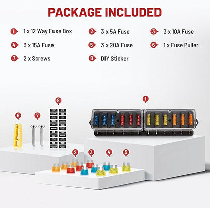 RED WOLF Car 10 Way Fuse Block Blade Fuse Box Standard Circuit Fuses Holder Fit Car Trailer Truck SUV Boat Marine Auto RV Power Distribution Panel Damp-Proof Cover DC 10-32V