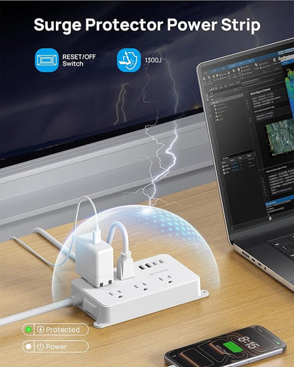 TROND Power Strip with USB, Surge Protector Flat Plug with 5 Widely-Spaced Outlets and 4 USB Ports, ETL Listed, 1300J, Wall Mountable, 5ft Extension Cord, for Office Kitchen, White