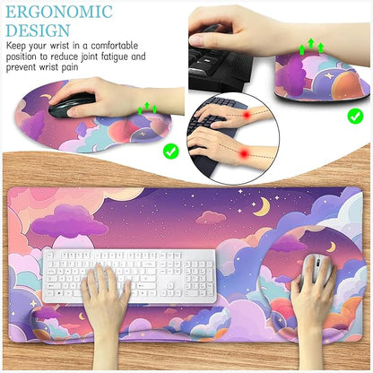 LIMKRIAN Purple Mouse Pad Large Desk Mat Set, Kawaii Clouds Ergonomic Mouse Pad with Wrist Rest Keyboard Wrist Support XXL Mousepad Cup Coaster Set, Cute Purple Office Desk Accessories Decor Supplies