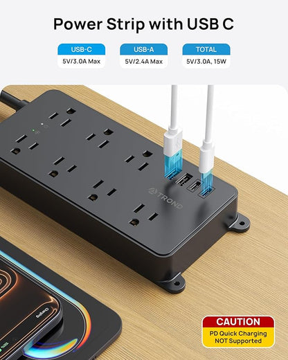 TROND Power Strip Surge Protector 10ft, ETL Listed, Flat Plug Extension Cord with 2 USB-A & 2 USB-C, Wall Mountable, 7 Widely-Spaced Outlets, 1700J, for Home Office Garage, Black