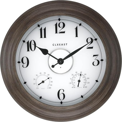 CLXEAST 24 Inch LED Illuminated Outdoor Clocks Waterproof with Thermometer & Hygrometer, Large Lighted Metal Wall Clock with Smart Night Light Sensor,Grey Oak Finish,House Warming Gifts New Home