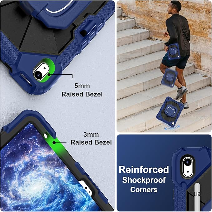 Case for iPad (A16) 11th Generation 11 Inch (2025) / iPad 10th Generation Case 10.9 Inch (2022) with 360° Rotating Stand Screen Protector Pen Holder Shoulder Strap, Navy Black