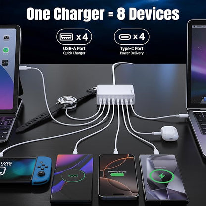 200W GaN III 8-Ports USB C Fast Charger, Type C Block, QC4.0 Fast Phone Charging Station Hub PD 65W Charger Power Adapter for iPad/Air/Pro iPhone 16/15 MacBook Pro/Air, Galaxy Phones, Tablet