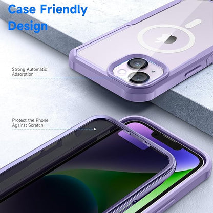 seacosmo for iPhone 14 Plus Case, Full Body Bumper with Built-in 9H Tempered Glass Privacy Screen and Camera Lens Protector, Compatible with MagSafe, Shockproof Phone Case, 6.7", Light Purple