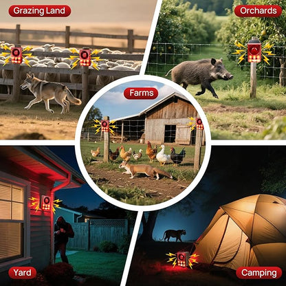 Solar Outdoor Motion Sensor Alarm, Dog Barking&Gunshot Sound,130db Loud Noise Maker,Support Recording,13 Kinds of Sound and Strobe Light to Deter Raccoons, Deer, Skunks, Bears, and Coyotes