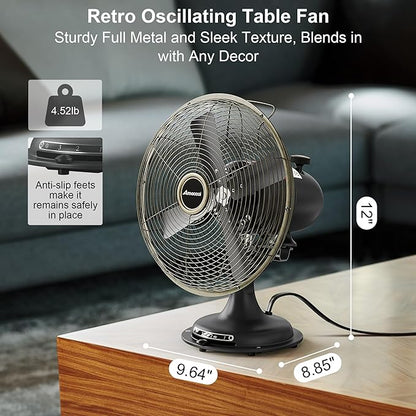 AMACOOL Oscillating Vintage Fan, All Metal 8" Retro Table Top Fan, Adjustable Head Tilt, Quiet 3 Speeds Plug-In Desk Fan for Bedroom Home Office & Kitchen