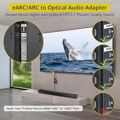 PROZOR eARC/ARC to Optical Audio Extractor, Enhanced eARC Audio Converter Supports Dolby/DTS 5.1, 192KHz HDMI eARC/ARC to Optical Toslink Adapter for TV to Soundbar Amplifier Home Theater