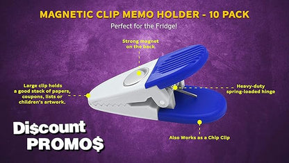 10 Magnetic Memo Holders Set - Customizable Text, Logo - Large Clip, Plastic - White Blue