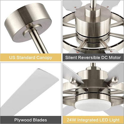 ELEHINSER 80 Inch Ceiling Fan with Lights and 3 Downrods, 8 Plywood Blades, 6-Speed Noiseless Reversible DC Motor, 3CCT, Windmill Ceiling fan for Kitchen Bedroom Living Room, Nickel and Silver