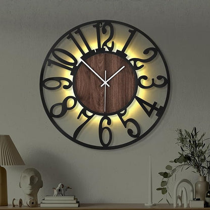 Casaformia 20'' Silent Wall Clock with Night Light, Glow in The Dark Decorative Wall Clock Battery Operated, Rustic Modern Metal & Wood Clocks for Bedroom Living Room Decor, Arabic Numerals