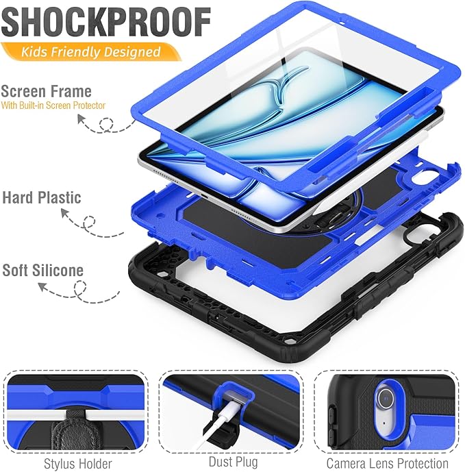 HXCASEAC Case for iPad Air 11 inch (2025 M3 / 2024 M2), Shockproof Design with Pencil Holder/Screen Protector/Rotating Hand Strap, Protective Cover for iPad Air 7th/6th Generation - Blue