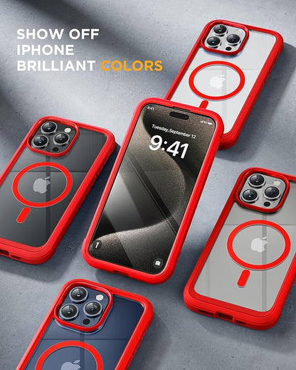 Miracase Magnetic for iPhone 15 Pro Max Case 6.7'' [Compatible with Magsafe] Full-Body Military Drop Proof for iPhone 15 ProMax Case with Built-in 9H Tempered Glass Screen Protector,Red