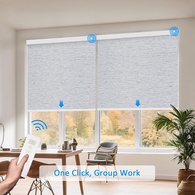 COOLWINDS Motorized Blinds with Remote Cordless Automatic Motorized Shades Custom Blinds for Windows Smart Curtains Compatible with Alexa Google Home(Blackout Jacquard Grey,W52 x H72in)