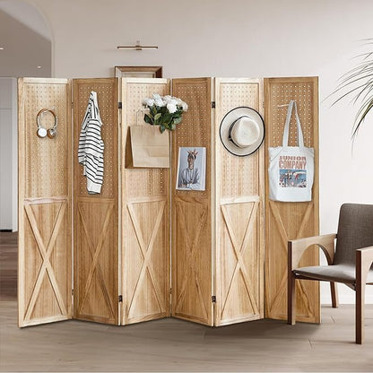 ALeesing 6 Panel Pegboard Room Divider, 5.6Ft Pegboard Display Folding Privacy Screens, Wood Room Divider Peg Board Display Freestanding for Trade Show Craft Show Home Wall Organizer, Light Brown